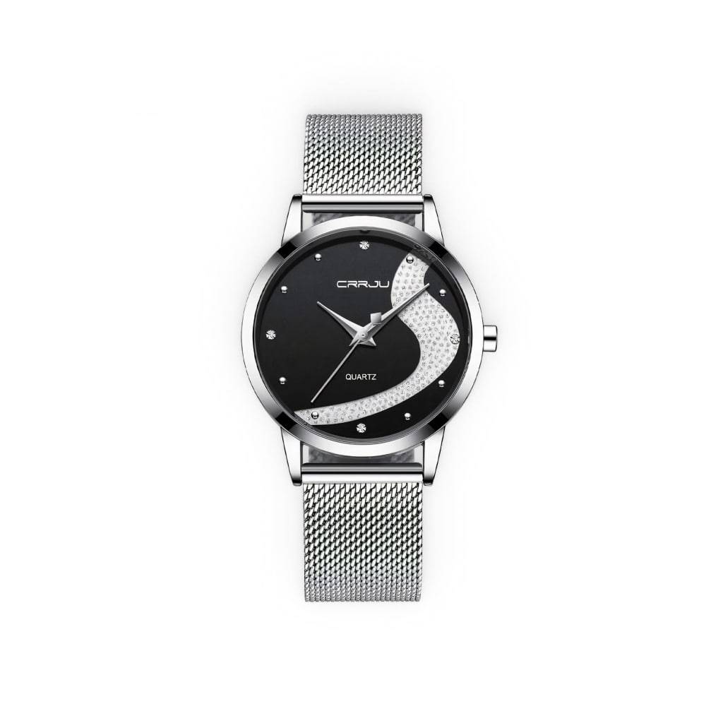 Silver & Black Women’s Diamond Quartz Watch Fashion Accessories  