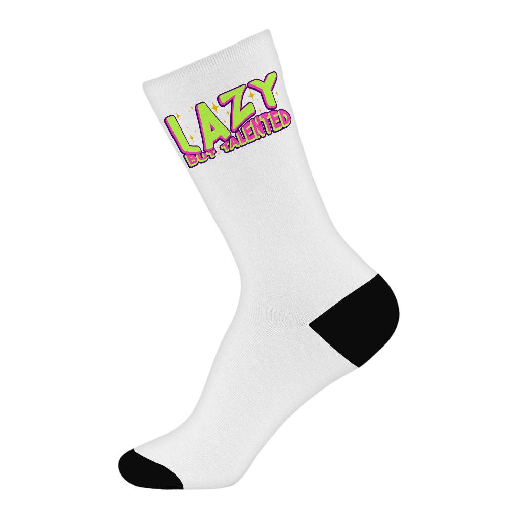Lazy but Talented Socks - Funny Novelty Socks - Word Art Crew Socks Fashion Accessories Socks Size : Large|Medium 