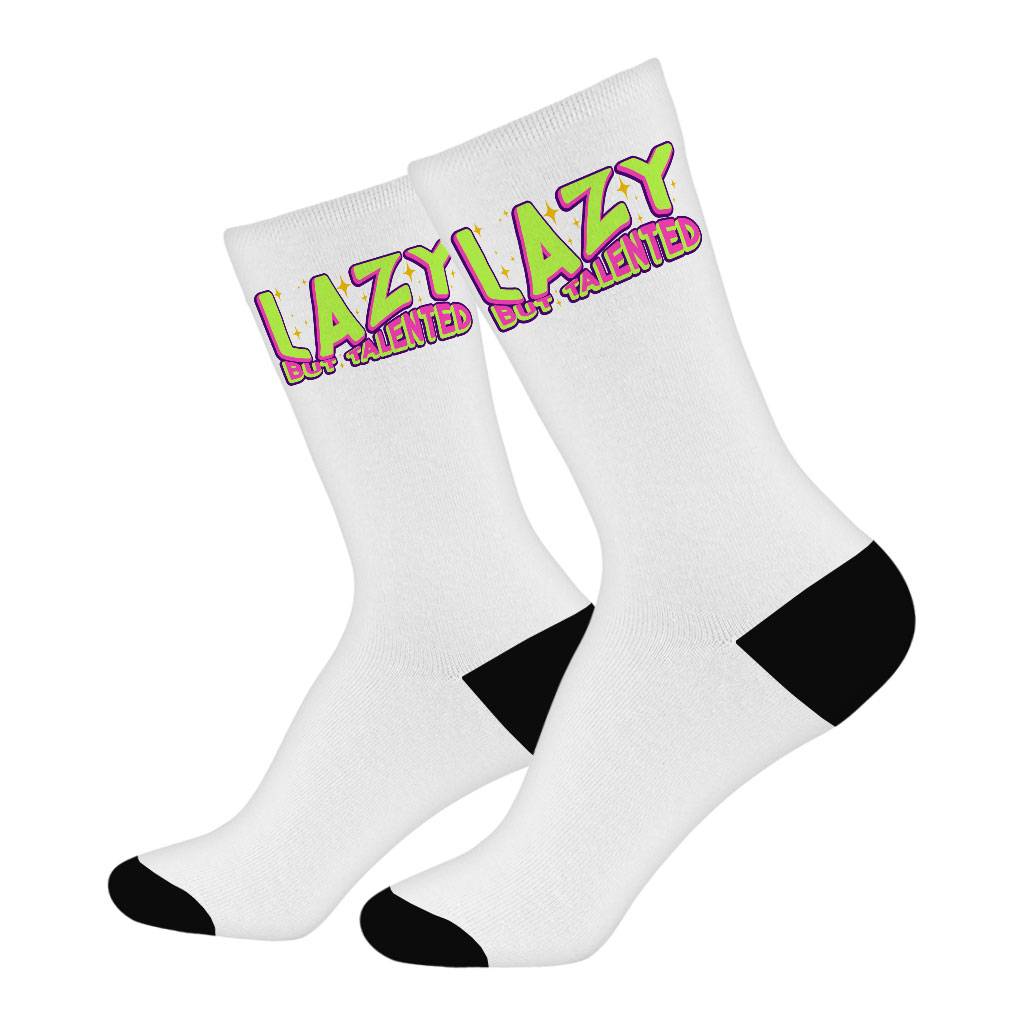 Lazy but Talented Socks - Funny Novelty Socks - Word Art Crew Socks Fashion Accessories Socks Size : Large|Medium 