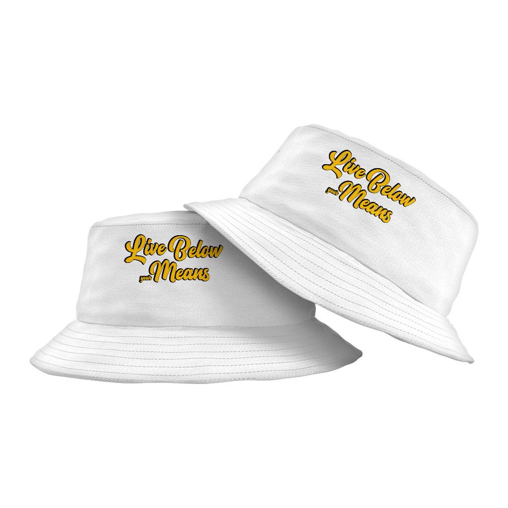Live Below Your Means Bucket Hat - Quote Hat - Art Bucket Hat Bucket Hats Fashion Accessories Color : White 