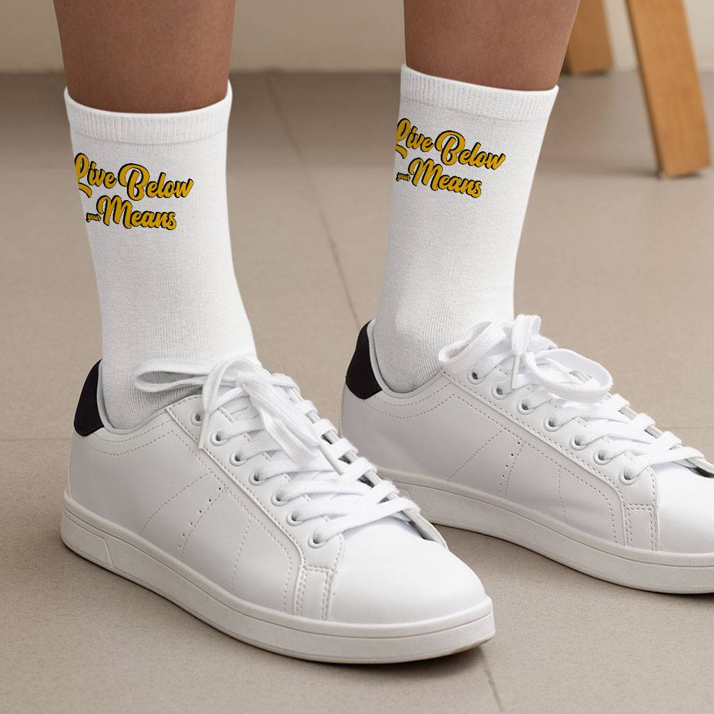 Live Below Your Means Socks - Quote Novelty Socks - Art Crew Socks Fashion Accessories Socks Size : Large|Medium 