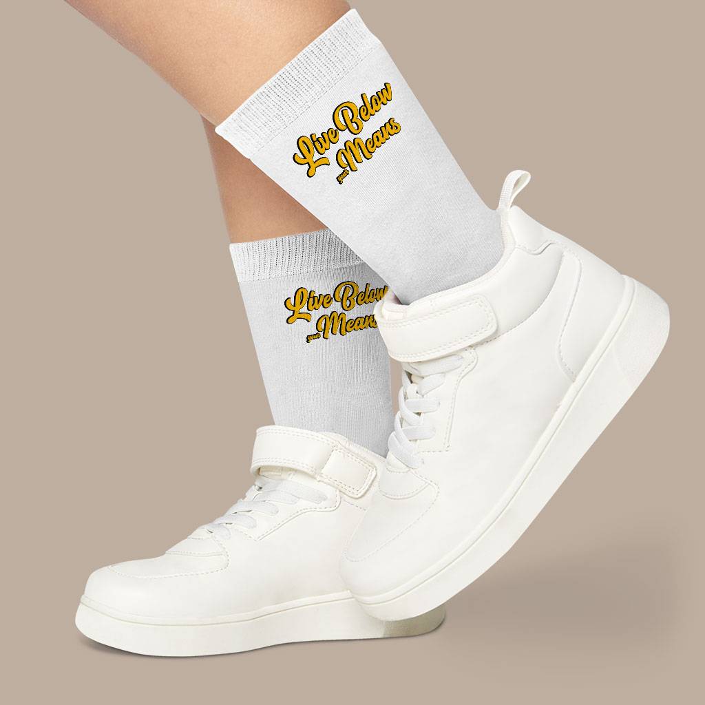 Live Below Your Means Socks - Quote Novelty Socks - Art Crew Socks Fashion Accessories Socks Size : Large|Medium 