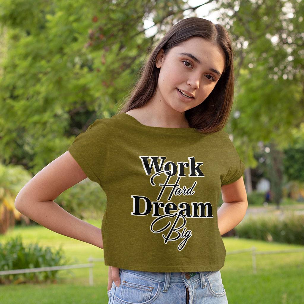 Work Hard Dream Big Women's Cropped T-Shirt - Print Crop Top - Motivational Cropped Tee Clothing T-Shirts Color : Black|Heather Olive|White 
