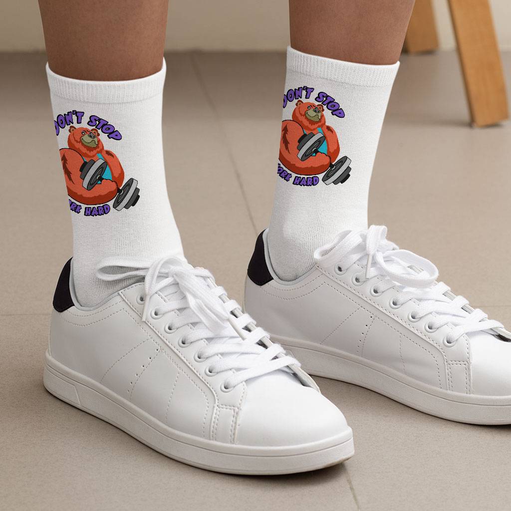 Work Hard Socks - Cartoon Novelty Socks - Bear Crew Socks Fashion Accessories Socks Size : Large|Medium 