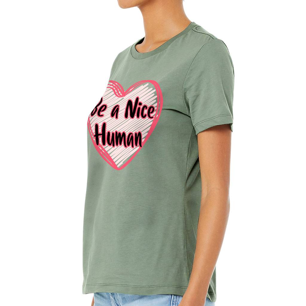 Be a Nice Human Women's T-Shirt - Heart Print T-Shirt - Graphic Relaxed Tee Women's Tops & Tees Color : Black|Orchid|Sage|White 