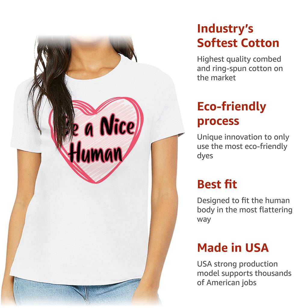 Be a Nice Human Women's T-Shirt - Heart Print T-Shirt - Graphic Relaxed Tee Women's Tops & Tees Color : Black|Orchid|Sage|White 