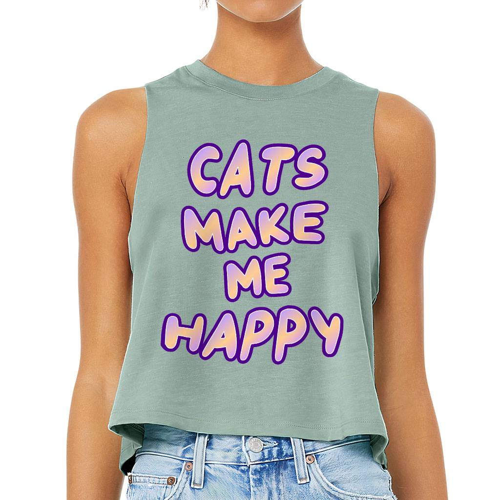 Cats Make Me Happy Racerback Cropped Tank - Cute Women's Tank - Best Design Tank Top Best Sellers Women's Tops & Tees Color : Athletic Heather|Black|Heather Dusty Blue|White 