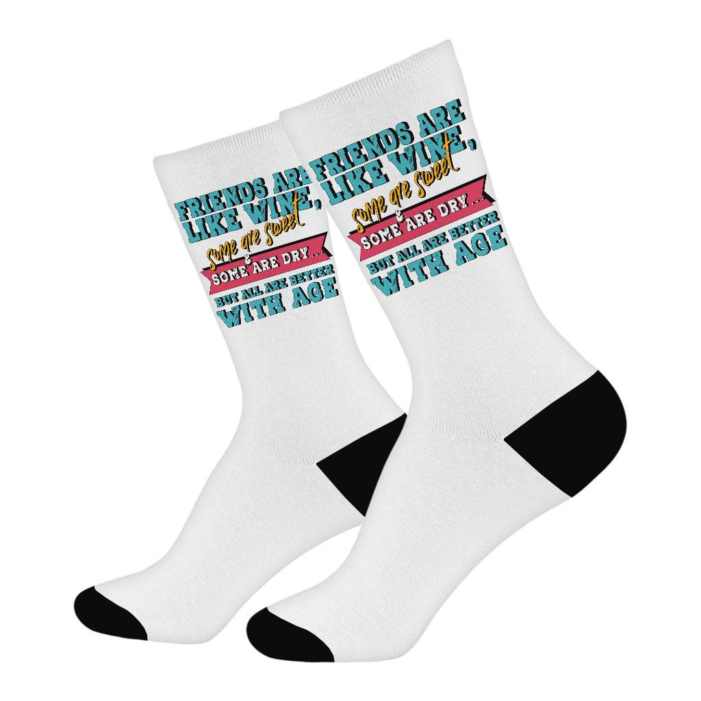 Friends and Wine Socks - Quotes Novelty Socks - Funny Crew Socks Best Sellers Socks Size : Large|Medium 