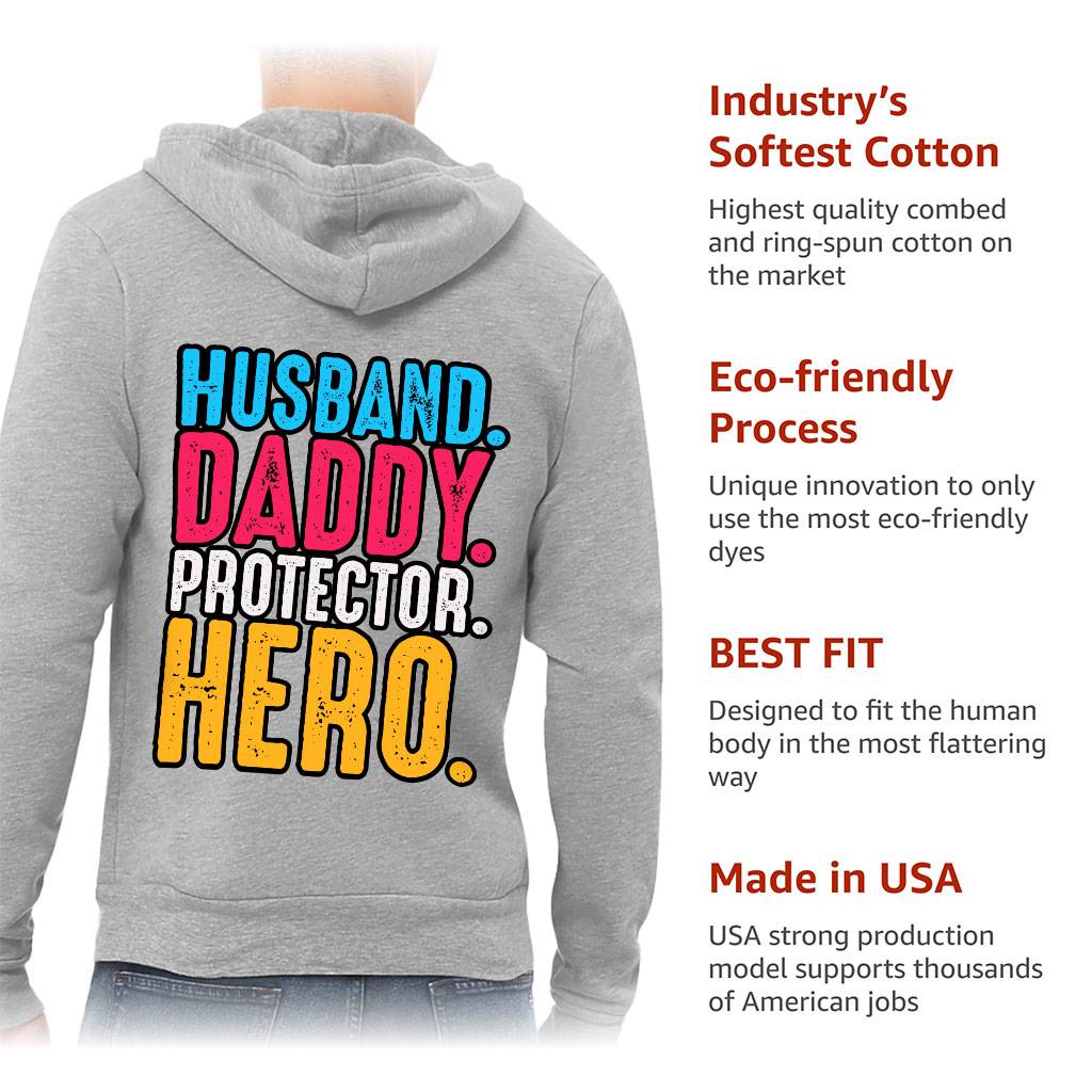Husband Daddy Protector Hero Full-Zip Hoodie - Cool Hooded Sweatshirt - Printed Hoodie Men's Hoodies & Sweatshirts Color : Athletic Heather|Black|Tan|White 