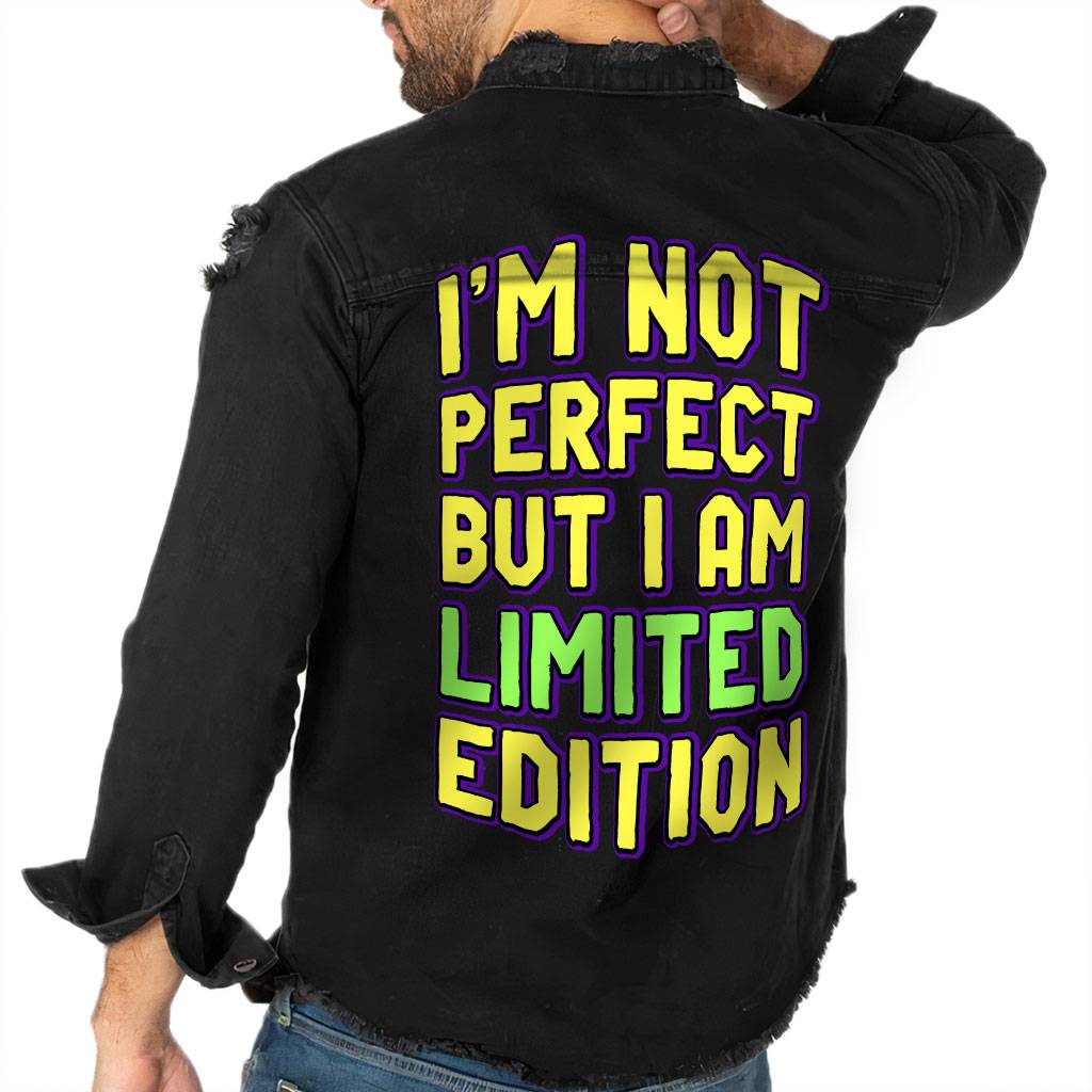 I Am Not Perfect but I Am Limited Edition Men's Vintage Denim Shirt Distressed - Funny Black Denim Shirt - Graphic Denim Shirt for Men Men's Denim Color : Vintage Black 