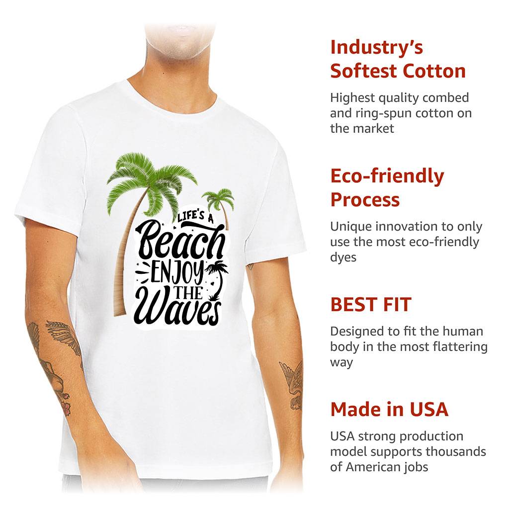 Life's a Beach Enjoy the Waves Short Sleeve T-Shirt - Cute T-Shirt - Illustration Short Sleeve Tee Best Sellers Men's T-Shirts Color : Black|Sage|Tan|White 