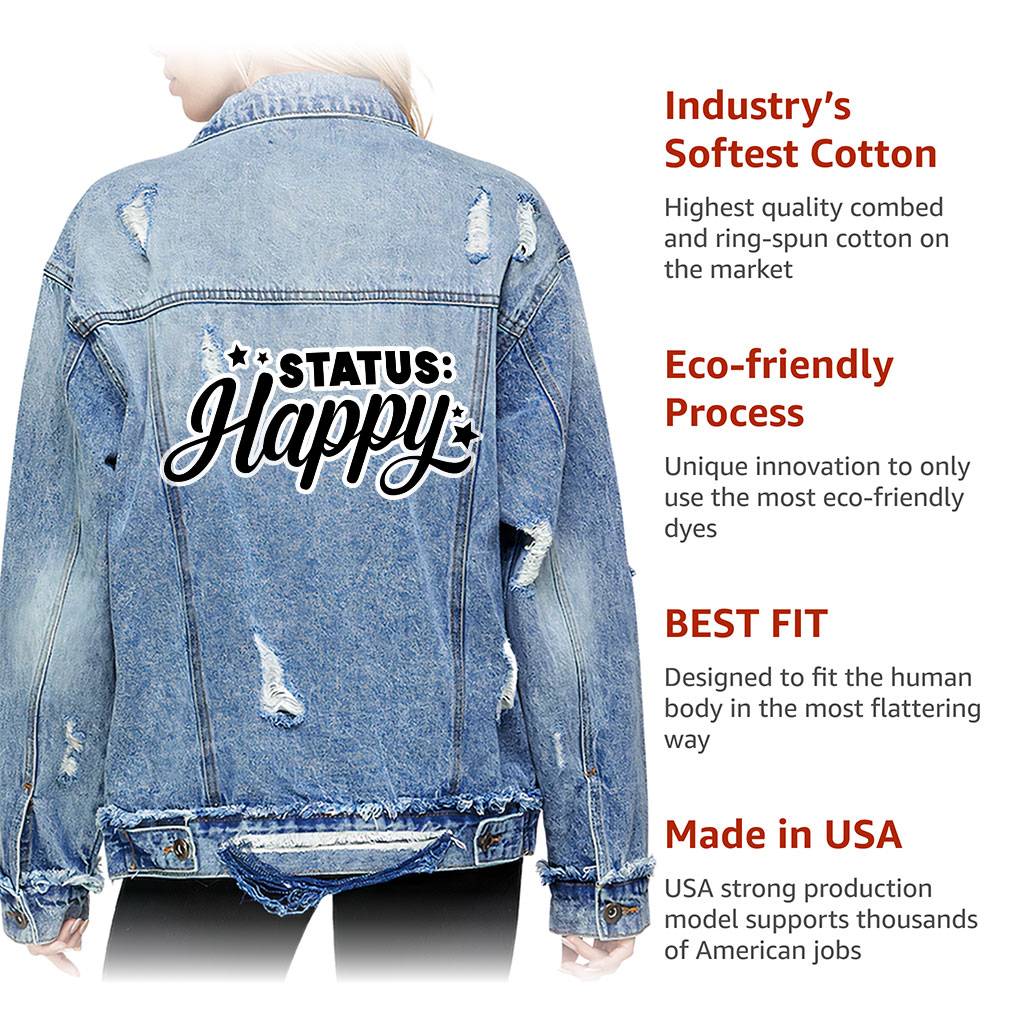 Status Happy Women's Oversized Denim Jacket - Cute Ladies Denim Jacket - Printed Denim Jacket Women's Denim Color : Dark Washed|Light Washed|Medium Washed 