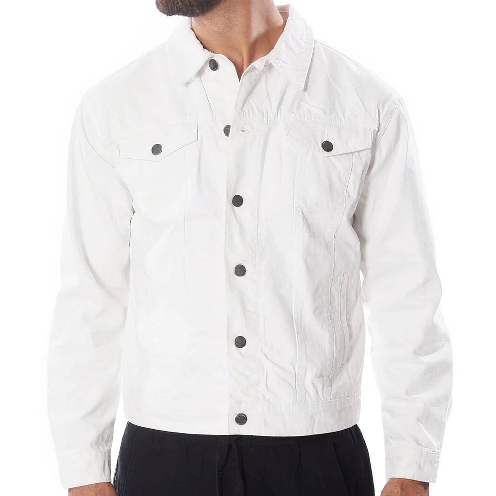 Wake Up With Determination Men's White Denim Jacket - Best Design Denim Jacket for Men - Printed Denim Jacket Best Sellers Men's Denim Color : White 