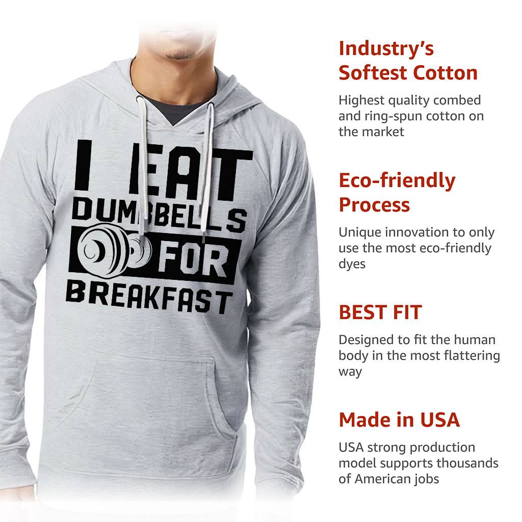I Eat Dumbbells for Breakfast Lightweight Hoodie - Funny Weightlift Gift Ideas - Gift for Men Hoodies Men's Hoodies & Sweatshirts Color : Athletic Heather|Black|Indigo|White 