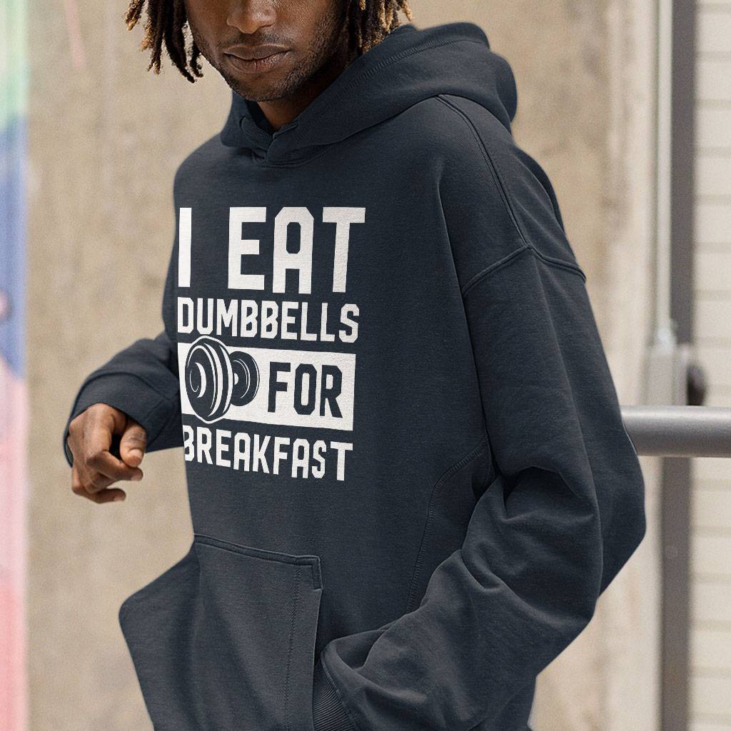 I Eat Dumbbells for Breakfast Lightweight Jersey Hoodie - Workout Present - Funny Workout Print Clothing Hoodies Men's Hoodies & Sweatshirts Color : Black|Gunmetal Heather|Navy Heather 