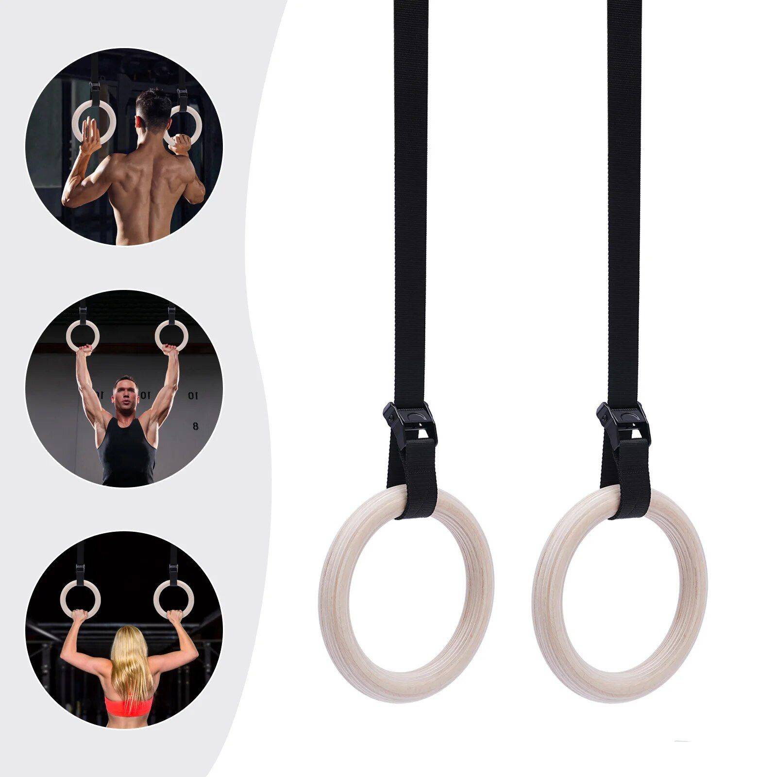 Double Circle Wood Gymnastics Rings with Quick Adjust Straps Exercise & Fitness Color : Black 